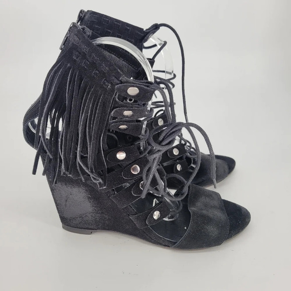 FREE People fringe stud suede wedge heels black shoes 39 US 9 - Picture 4 of 15